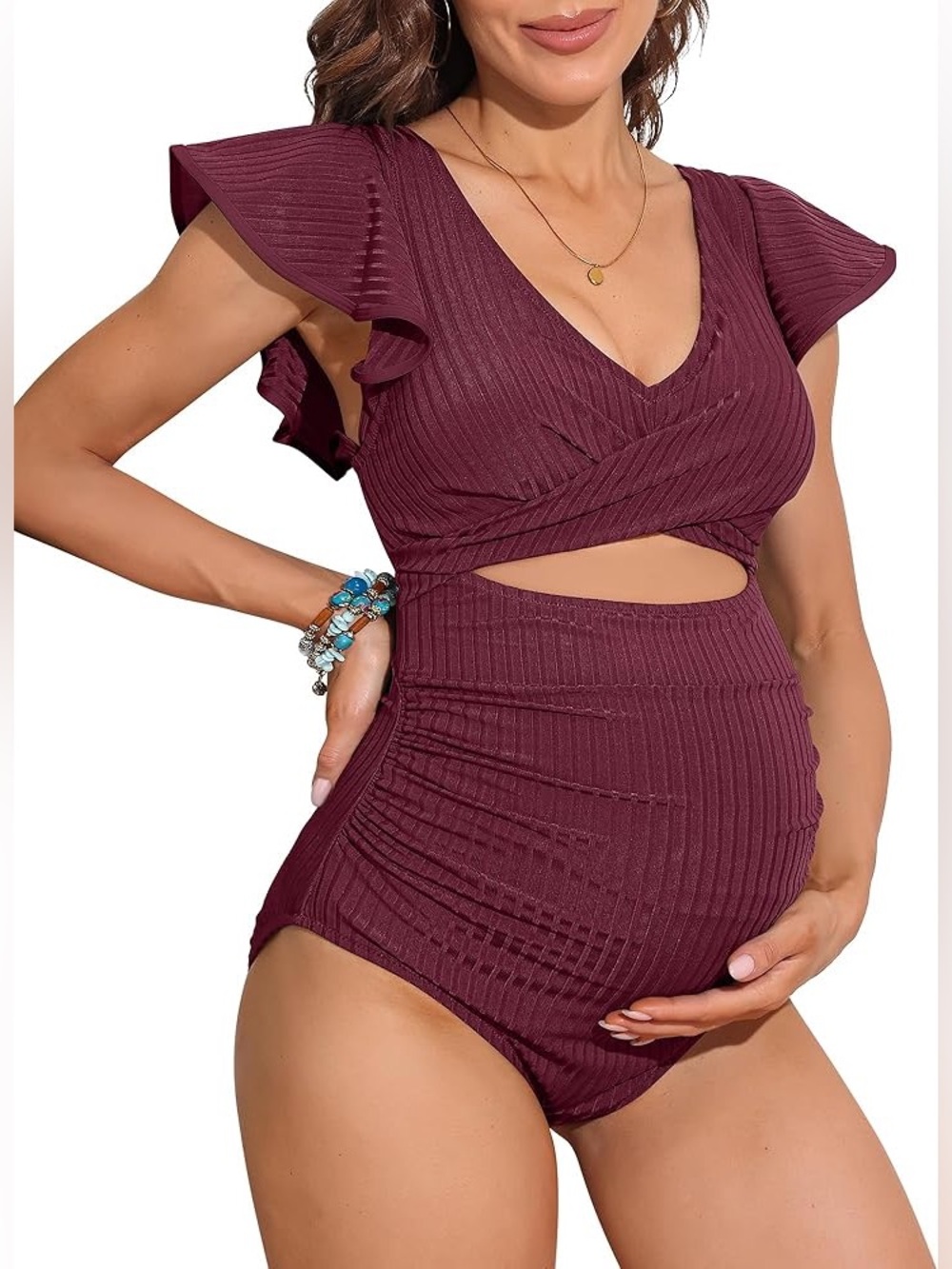 Charmo Maternity Swimsuit Ribbed One Piece Ruffle Sleeve